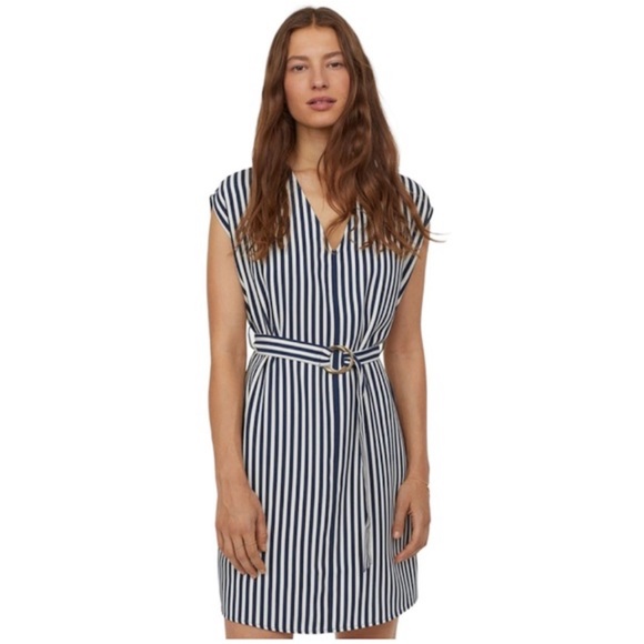 H&M navy white stripe Belted Shift Dress Size 4 - Picture 2 of 5